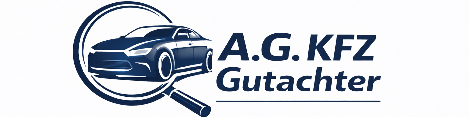 Logo von A.G. KFZ Gutachter mit Autosymbol und Lupe.